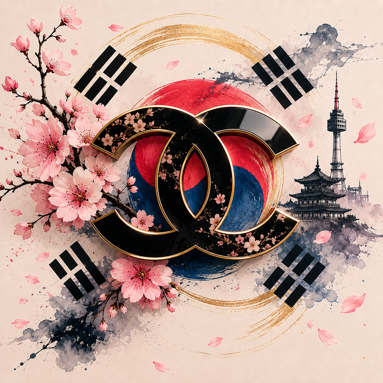 Illustration symbolique représentant l’influence du luxe français en Corée du Sud, avec un motif inspiré de Chanel au centre, entouré de fleurs de cerisier, du drapeau sud-coréen et de monuments emblématiques de Séoul.