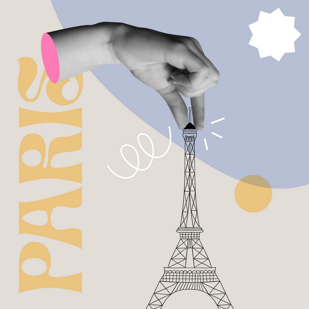 Illustration d’une main pointant le sommet de la tour Eiffel, évoquant l’imaginaire parisien et le désir de France chez les millennials coréens