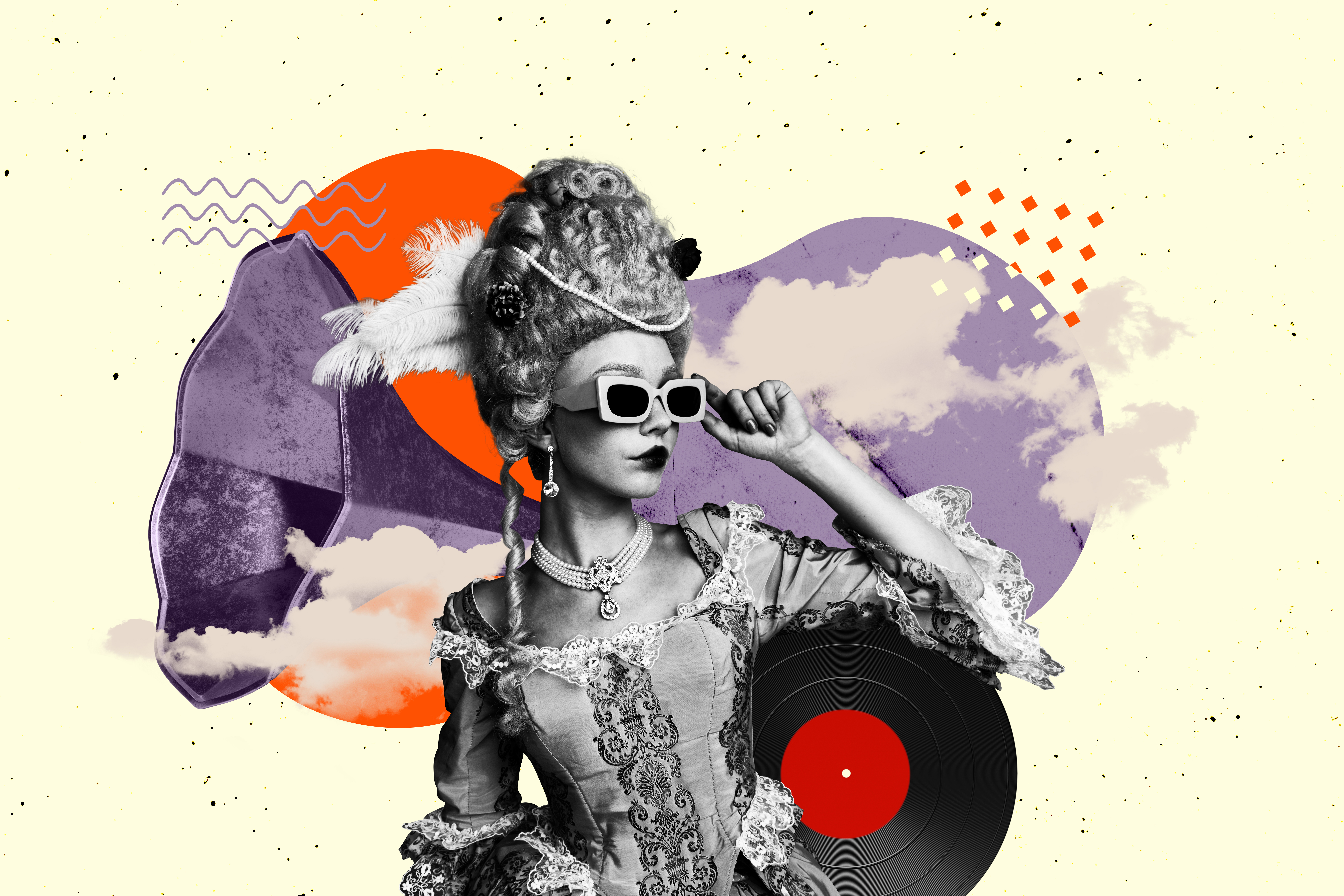 Collage artistique représentant une femme en tenue du XVIIIe siècle portant des lunettes contemporaines, sur un fond blanc cassé aux accents rouges, bleus et violets.